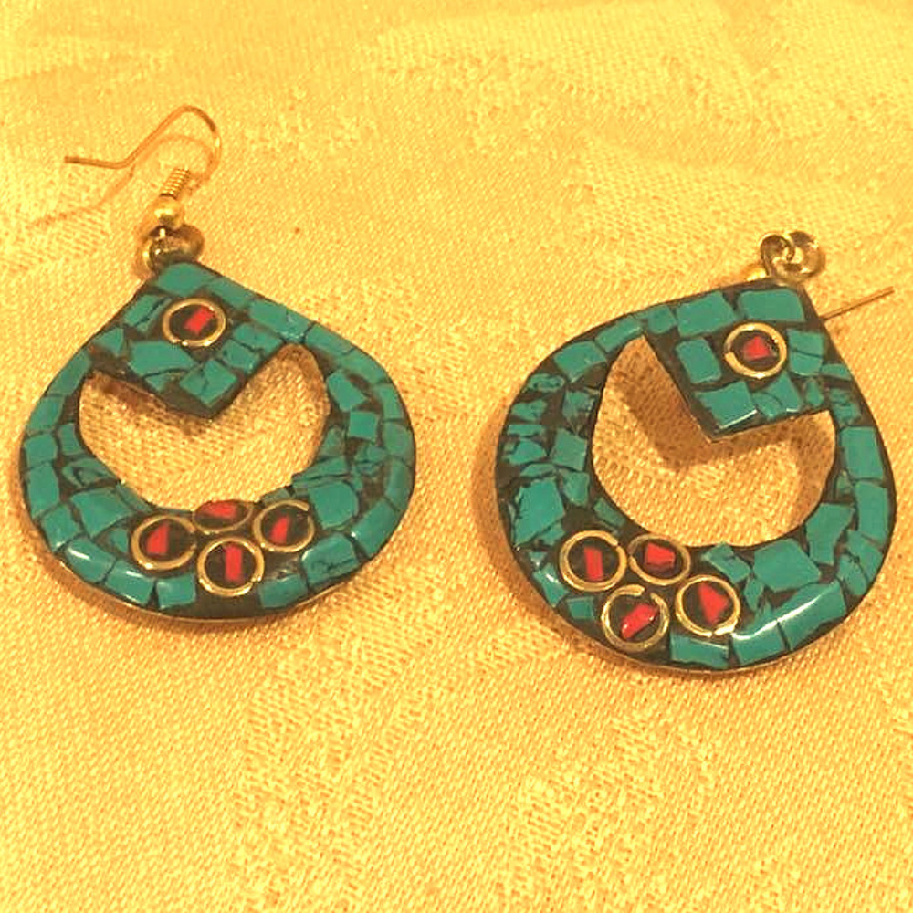 Green & Red Stone "Crackle" Pierced Teardrop Earri